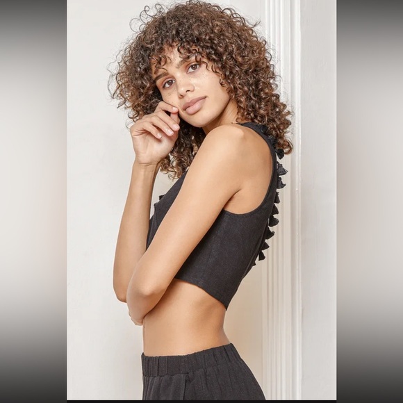 Linen Blend One Shoulder Tassel Crop Top & Wide-Leg Pants Set - Like New - Picture 5 of 17